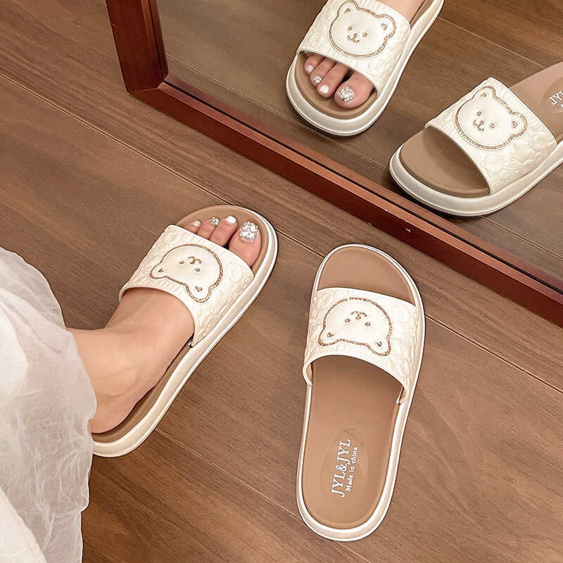 Luxury Beach Slippers 2026 Women's Monogram Bear Print Platform Slide Sandals Casual Summer Slippers