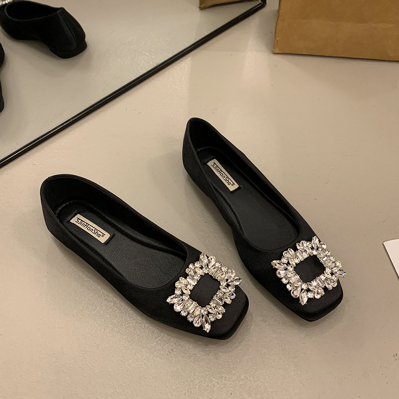 Elegant luxury Sandals 2026 Women's Square Toe Ballet Flats Rhinestone Buckle Satin Dress Shoes Free Shipping
