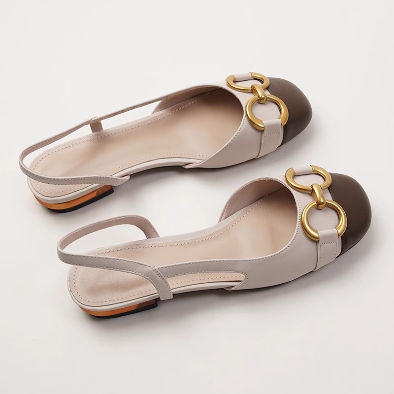 Luxury Sandals 2026 Women's Beige & Brown Cap Toe Slingback Flats Gold Horsebit Buckle Casual Dress Shoes Free Shipping