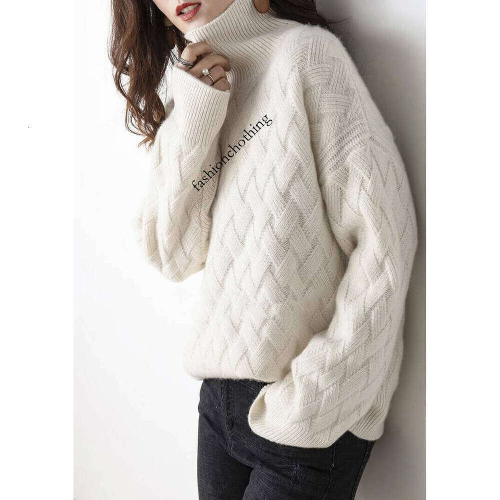 Zhehan Women's Autumn Winter Thick Mock Neck Pullover 100% Merino Wool Sweater Rhombus Knit Casual Loose Style Cashmere Knitwear