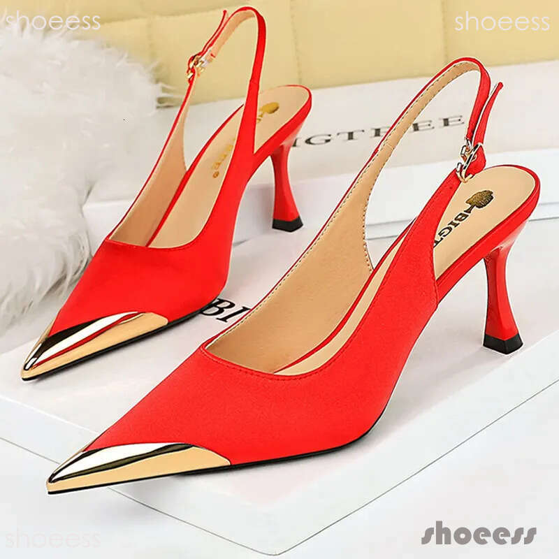 heels Shoes 7 Cm Metal Pointed Silks Satins Kitten Heels Hollow Back Women Sandals Sexy Lady Pumps