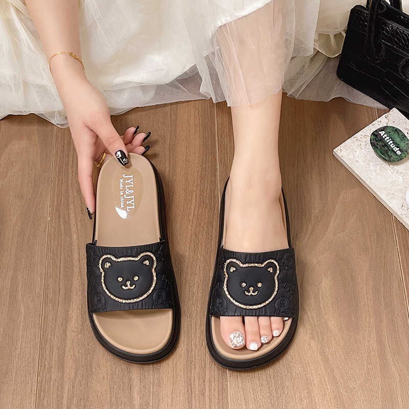 Luxury Beach Slippers 2026 Women's Monogram Bear Print Platform Slide Sandals Casual Summer Slippers