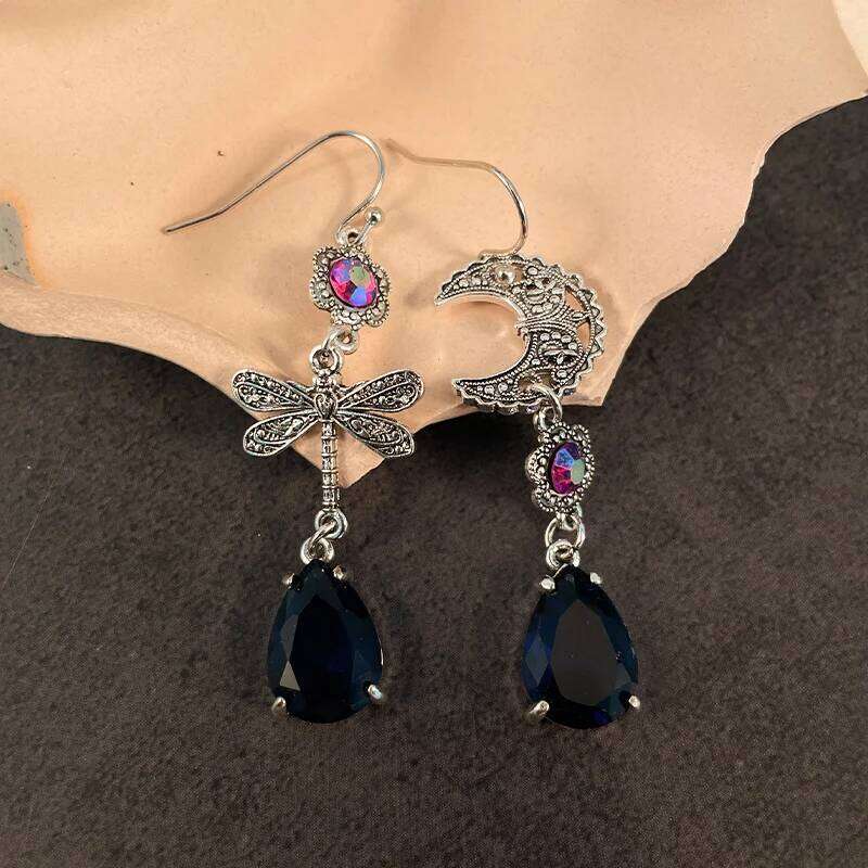 New Style Creative Dragonfly Star Asymmetrical Fashion Trend Blue Teardrop Dangle Hook Earrings