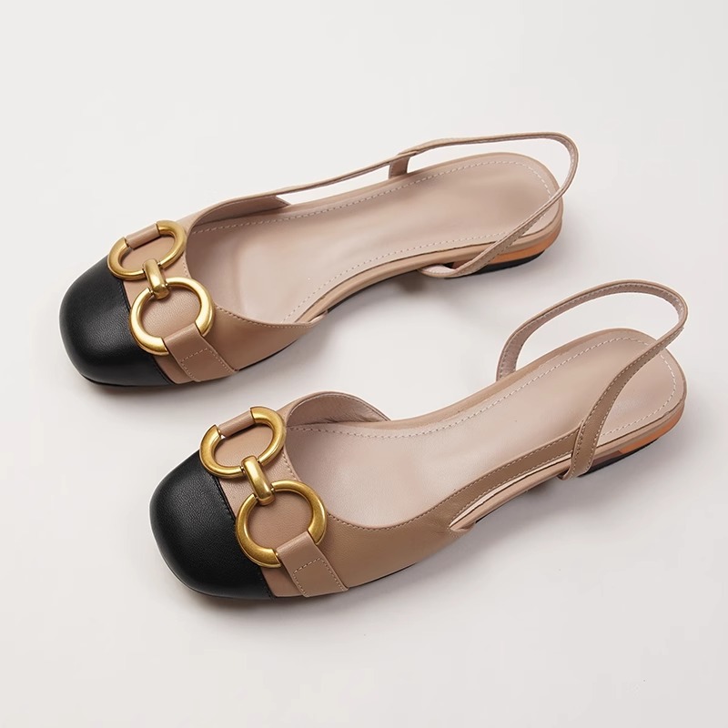 Luxury Sandals 2026 Women's Beige & Brown Cap Toe Slingback Flats Gold Horsebit Buckle Casual Dress Shoes Free Shipping