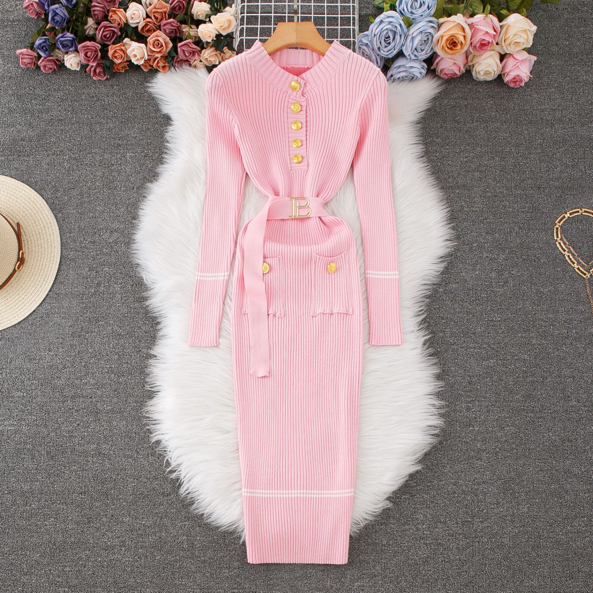 Luxury Brand Designer Clothes French Style Knitted Dress Autumn Winter Slim Fit Elegant Fashion Button With Belt Sweater Long Dress