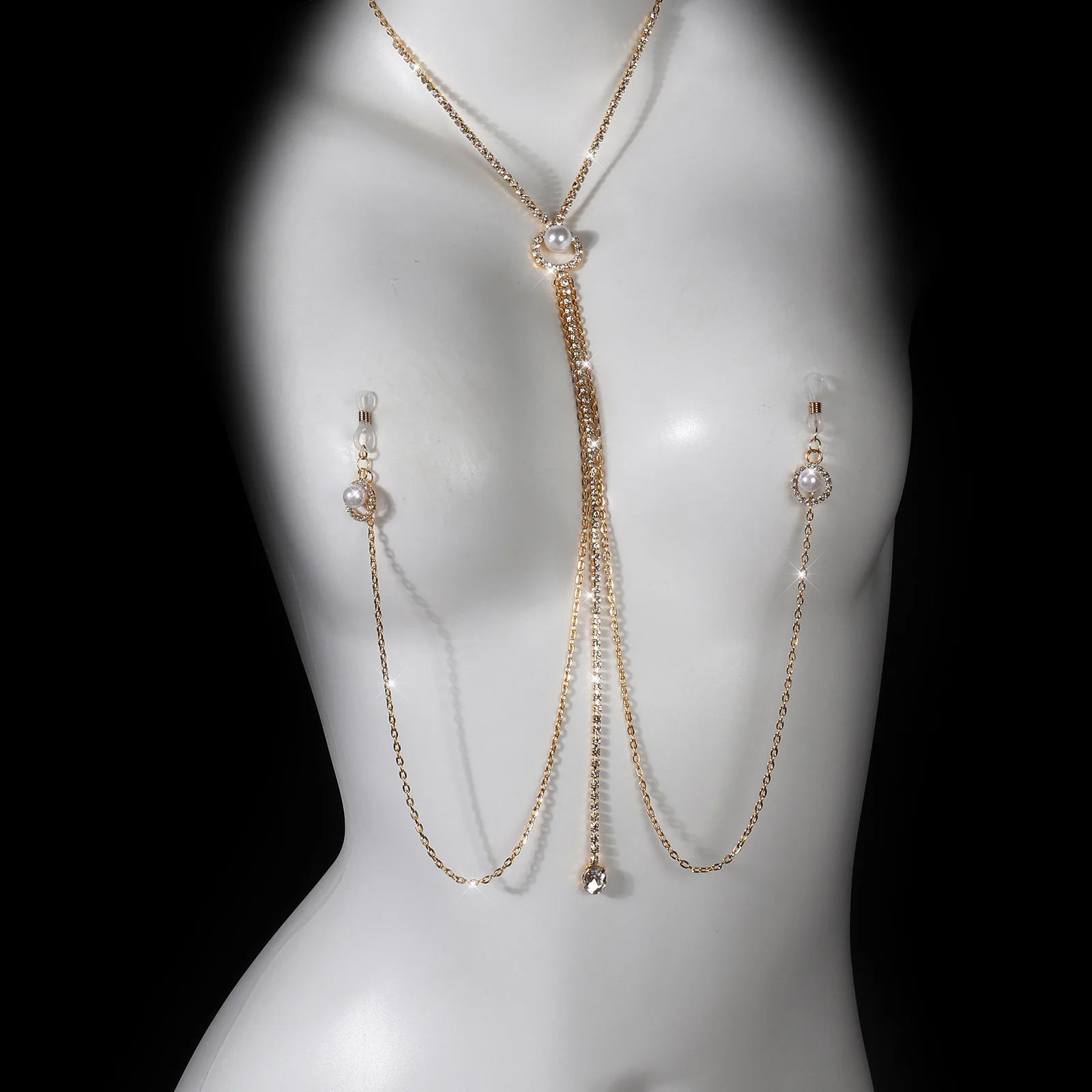 Fashion Bikini Christmas Rhinestone Pearl Nipple Chain Non Piercing Women Sexy Lingerie Bra Necklace Thin Chain Body Jewelry 260109