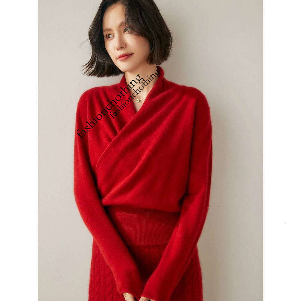 Zhehan Women's 100% Sweater Crossover Collar Pullover Office Lady Basic Grace Cashmere Knitwear Autumn Winter Tops