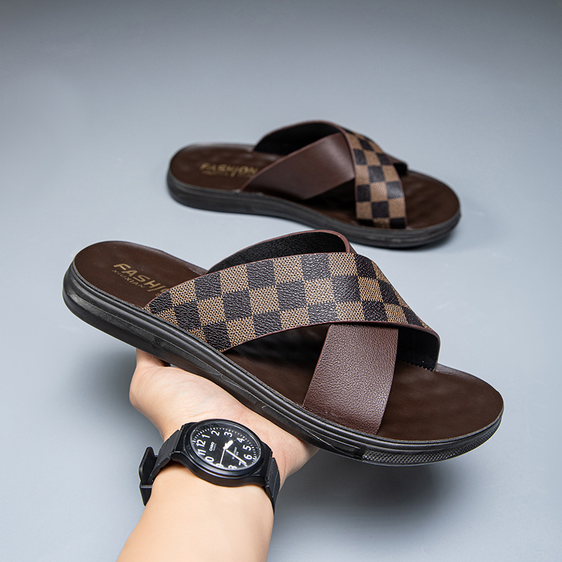 2026 Summer New Soft Cross Grid Flat Slippers Outdoor Indoor Casual Fashion Beach Sandals For Men