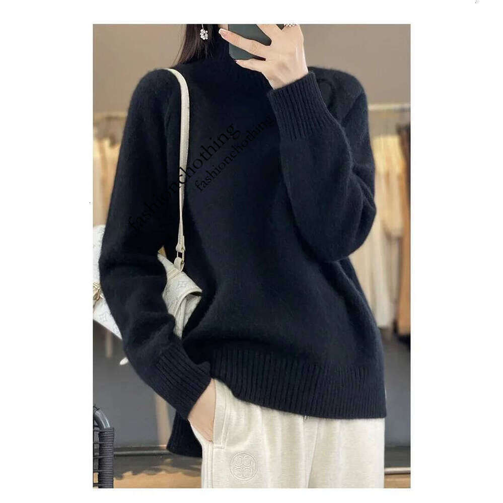 Zhehan Women's High-Necked Cashmere 100% Soft Wool Thickened Lazy Raglan Sweater With Slit For Autumn Winter Comfortable Waxy Pure Wool Sweater
