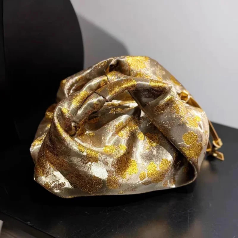 Gold Patterned Women Handbag 2025 n Womens Bag Pleated Cloud Bag Fashion Satins Dumpling Bag Female Sac All-match 260112