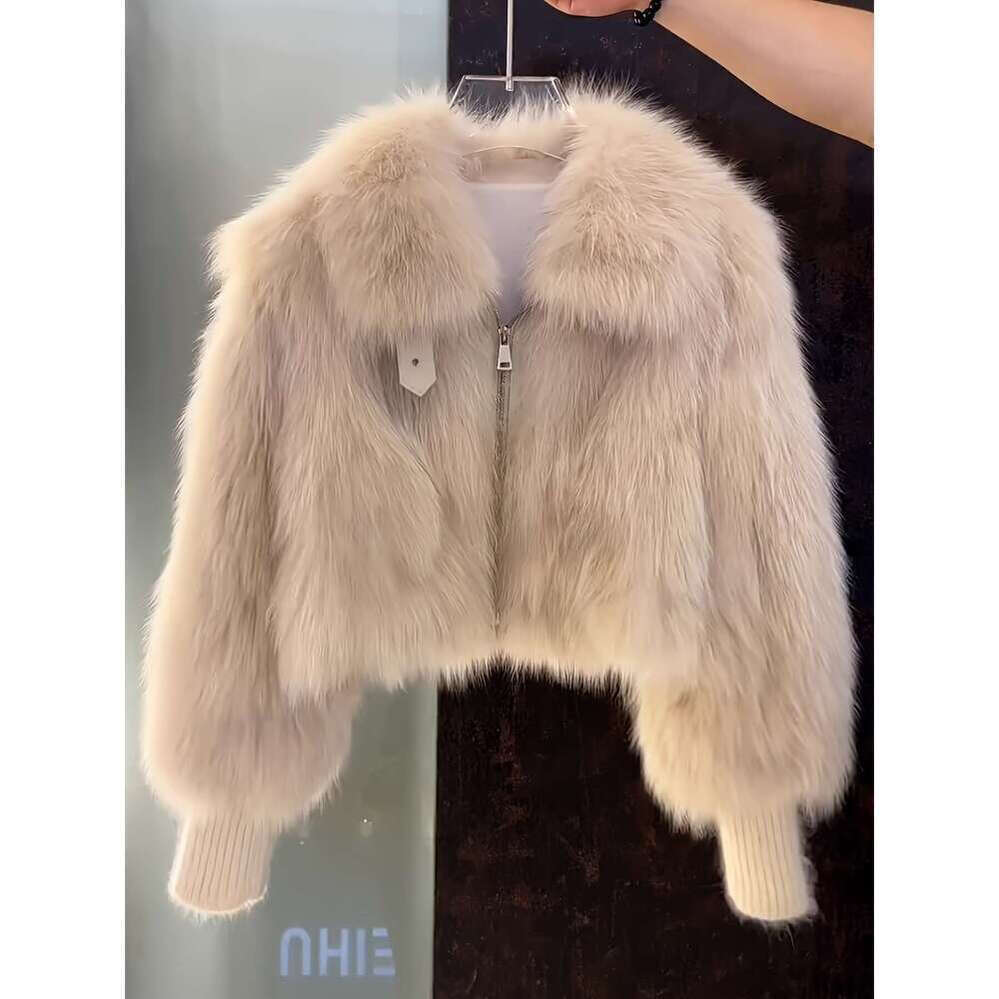 Zhehan Faux With Hooded Collar Loose H-Shaped Silhouette, Single-Breasted Closure, White/Cream Beige Fur Suitable For Casual Formal Occasions Hand Was