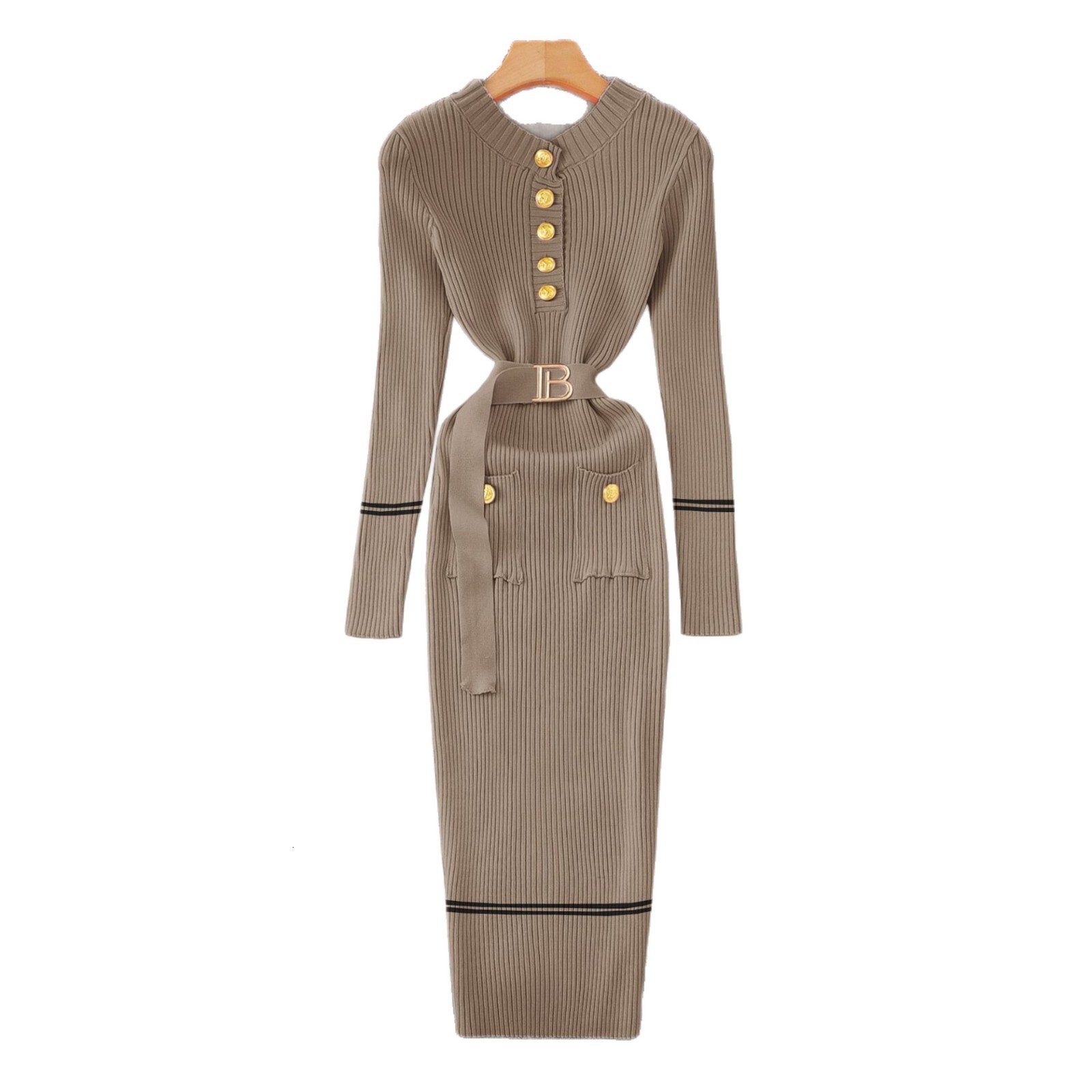 Luxury Brand Designer Clothes French Style Knitted Dress Autumn Winter Slim Fit Elegant Fashion Button With Belt Sweater Long Dress