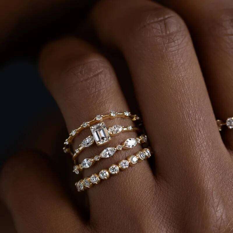 4pcs/setArt Deco Bridal Set Cushion Cut Halo Engagement Mixed Eternity Band Layering Ring