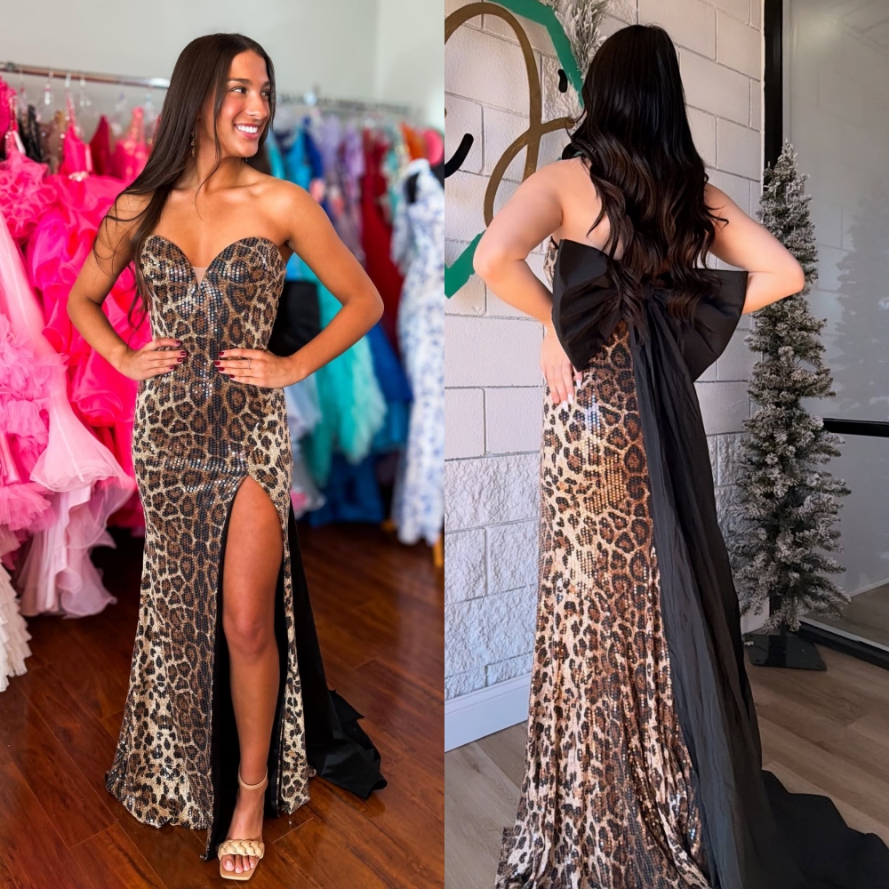 Cheetah Animal Sequin Prom Dress Bow Train Leopard IT Girl School Formal Evening Pageant Showstopper Gala Red Carpet Runway Gown Celebrity Guest Celebration Slit J