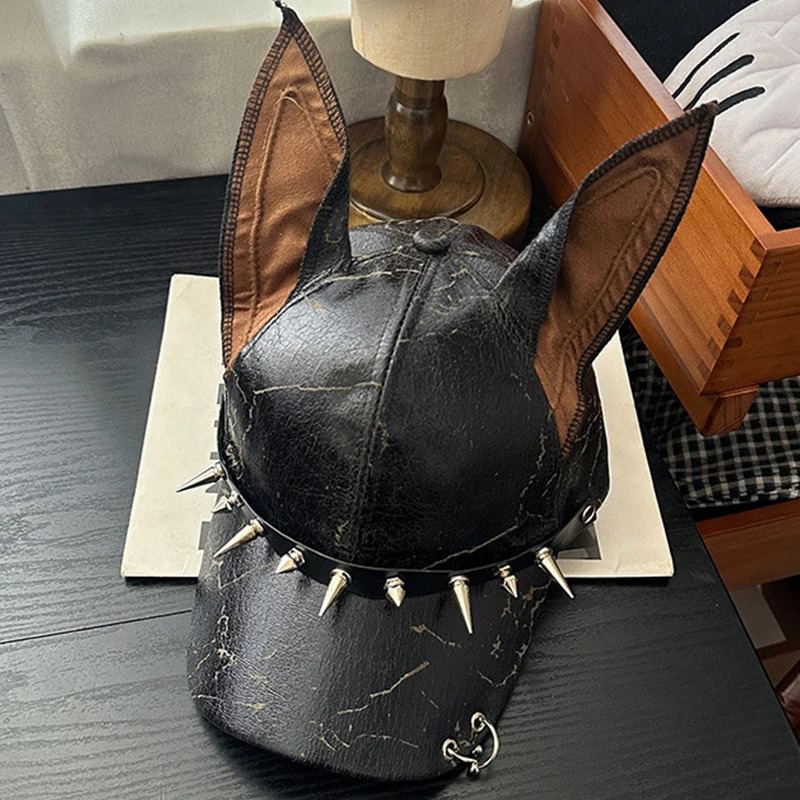 Niche Punk Leather Rivet Dog Ears Baseball Caps Spring Autumn Men Women Personality Adjustable Trendy Sunshade Hip Hop Hats 260114