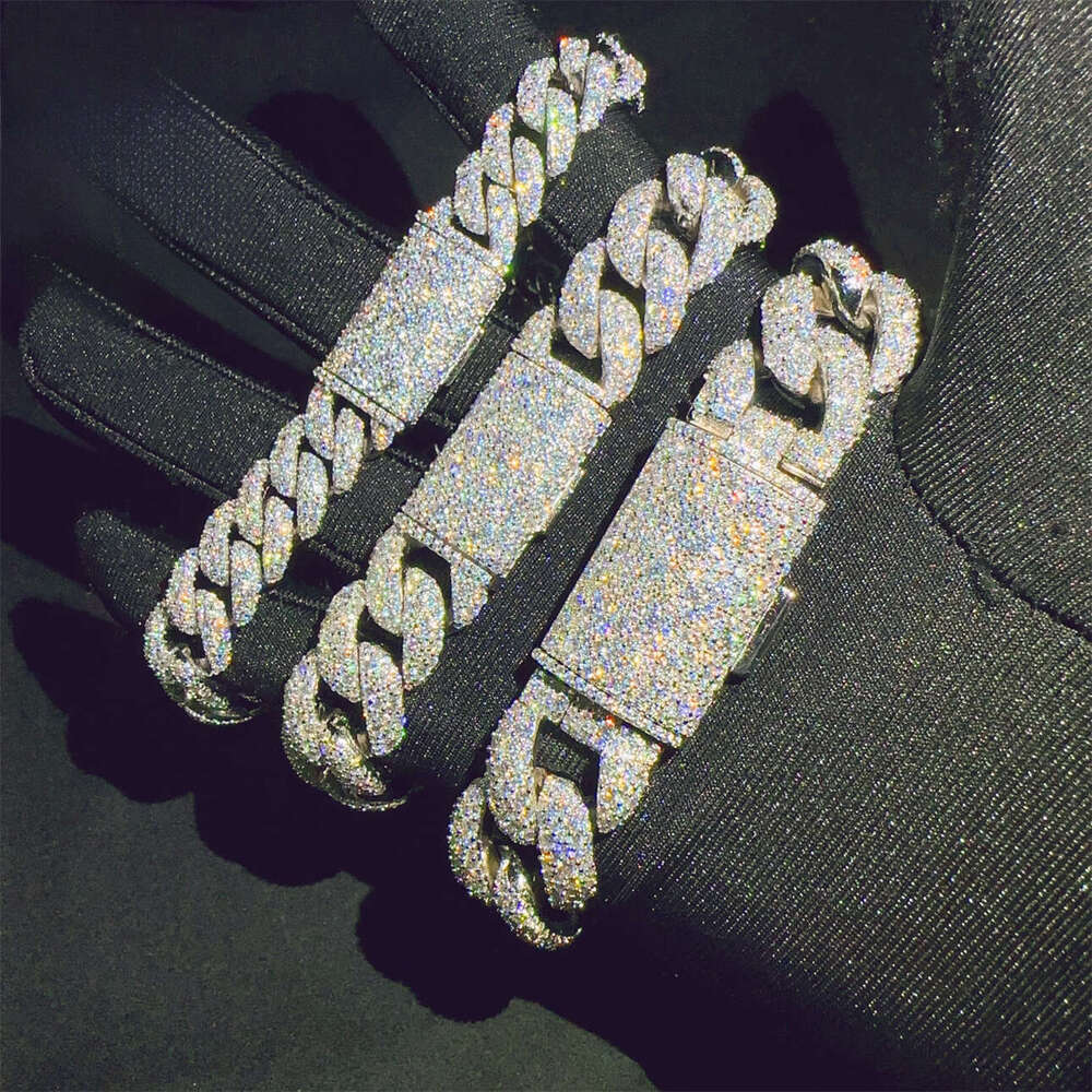 Mosaic Inlay 12 15 18 mm Sterling Silver 925 VVS Hip Hop Cuban Chain Moissanite Bracelet - view 6