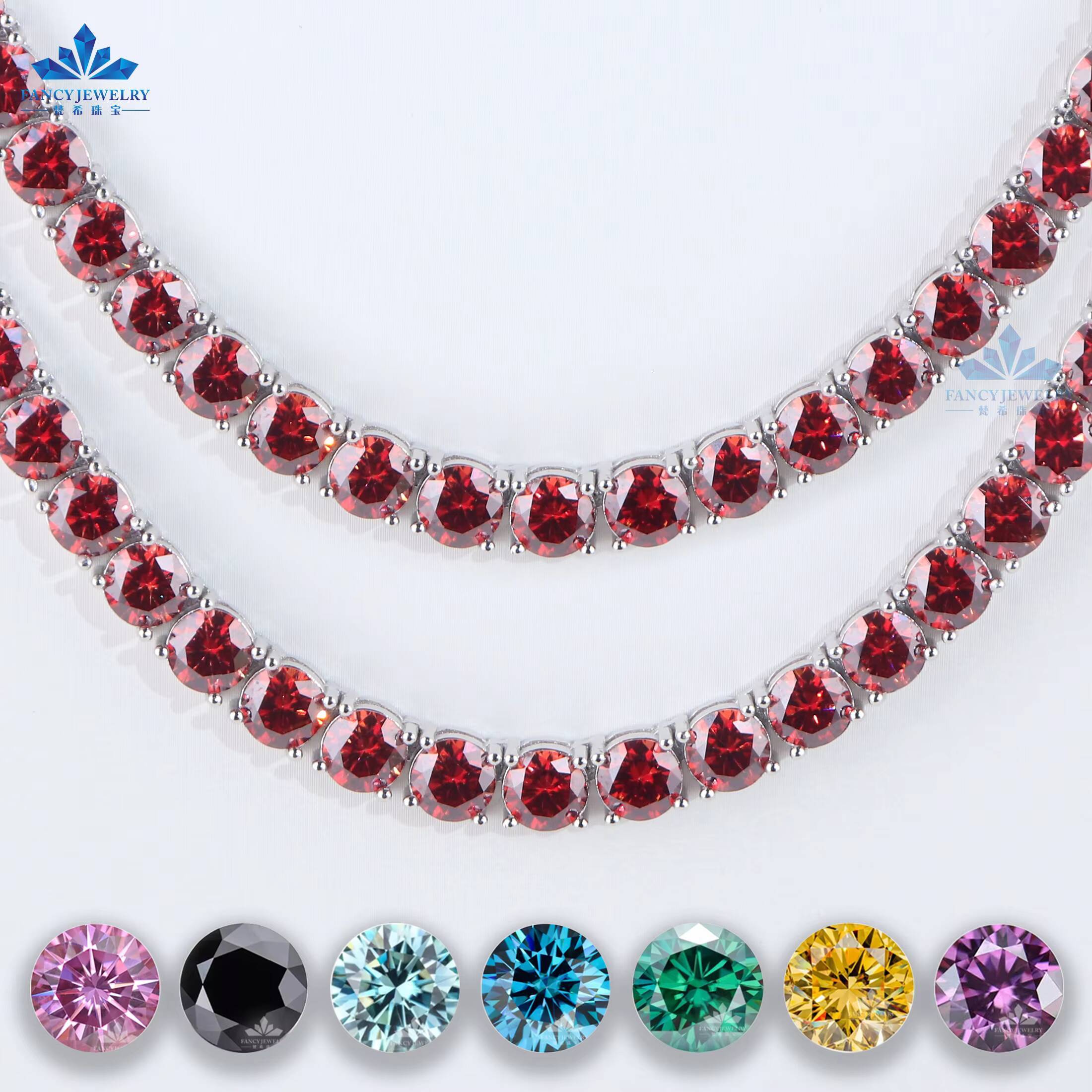 Garnet Red Tennis Chain Bling HipHop Jewelry Iced Out VVS Moissanite Diamond Necklace 3mm 4mm 5mm 65mm Colored Chain