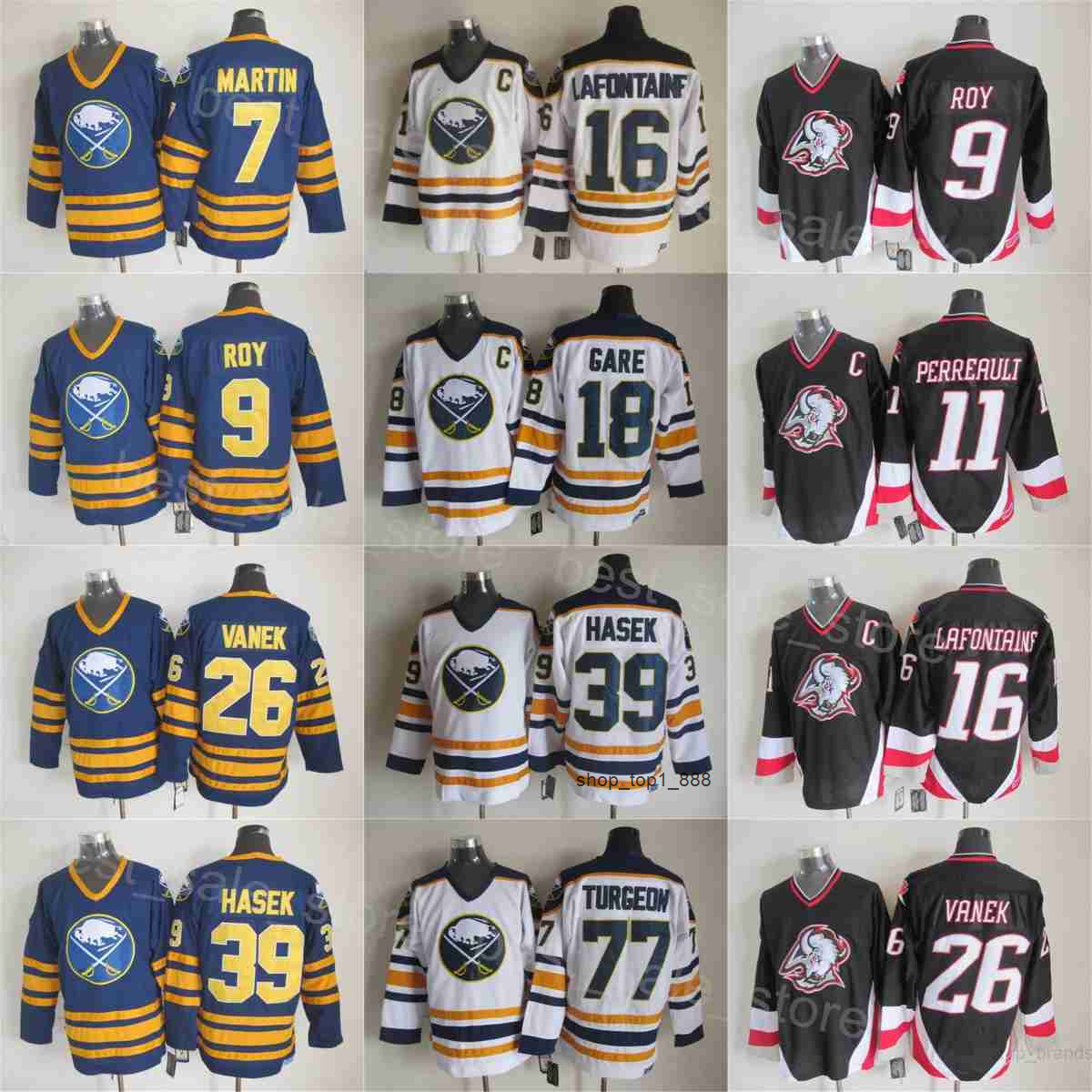 Retro Buffalo Hockey 16 Pat LaFontaine Jersey 7 Rick Martin 9 Derek Roy 10 Hawerchuk 11 Gilbert Perreault 89 Mogilny Thoma Vanek Danny Gare Ryan Miller Dominic Hasek