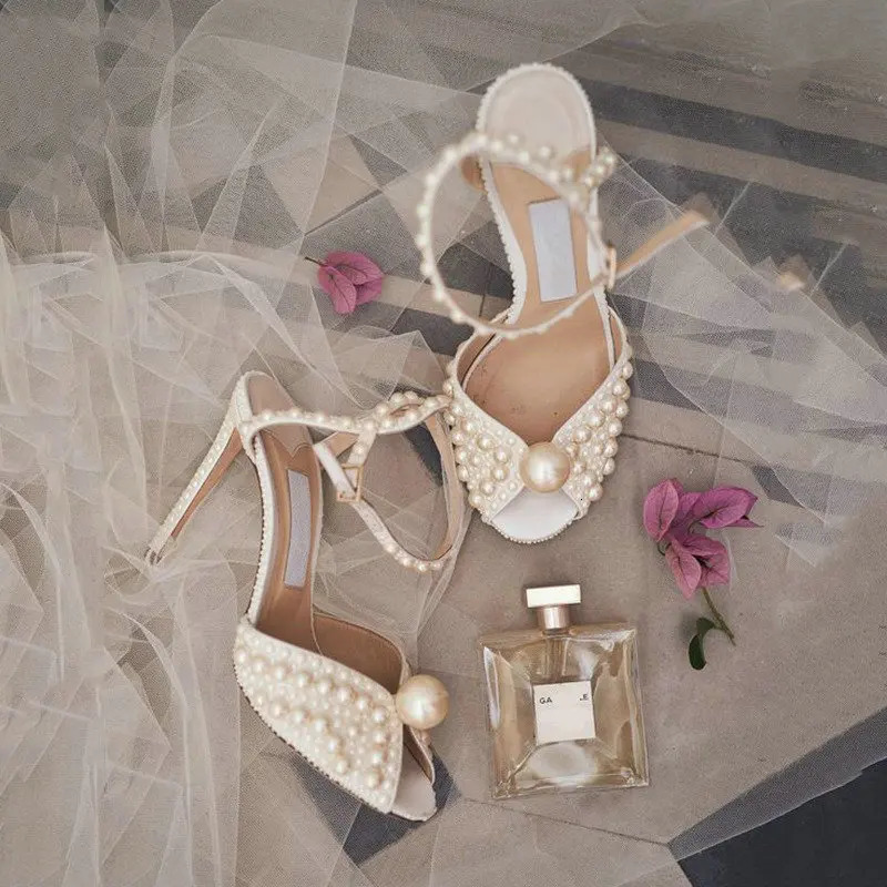 2025 Handmade Pearl Leather High Heels Sweet Princess Shoes Bride Wedding Shoes Fish Mouth Fashion Stiletto Sandals Women 260114