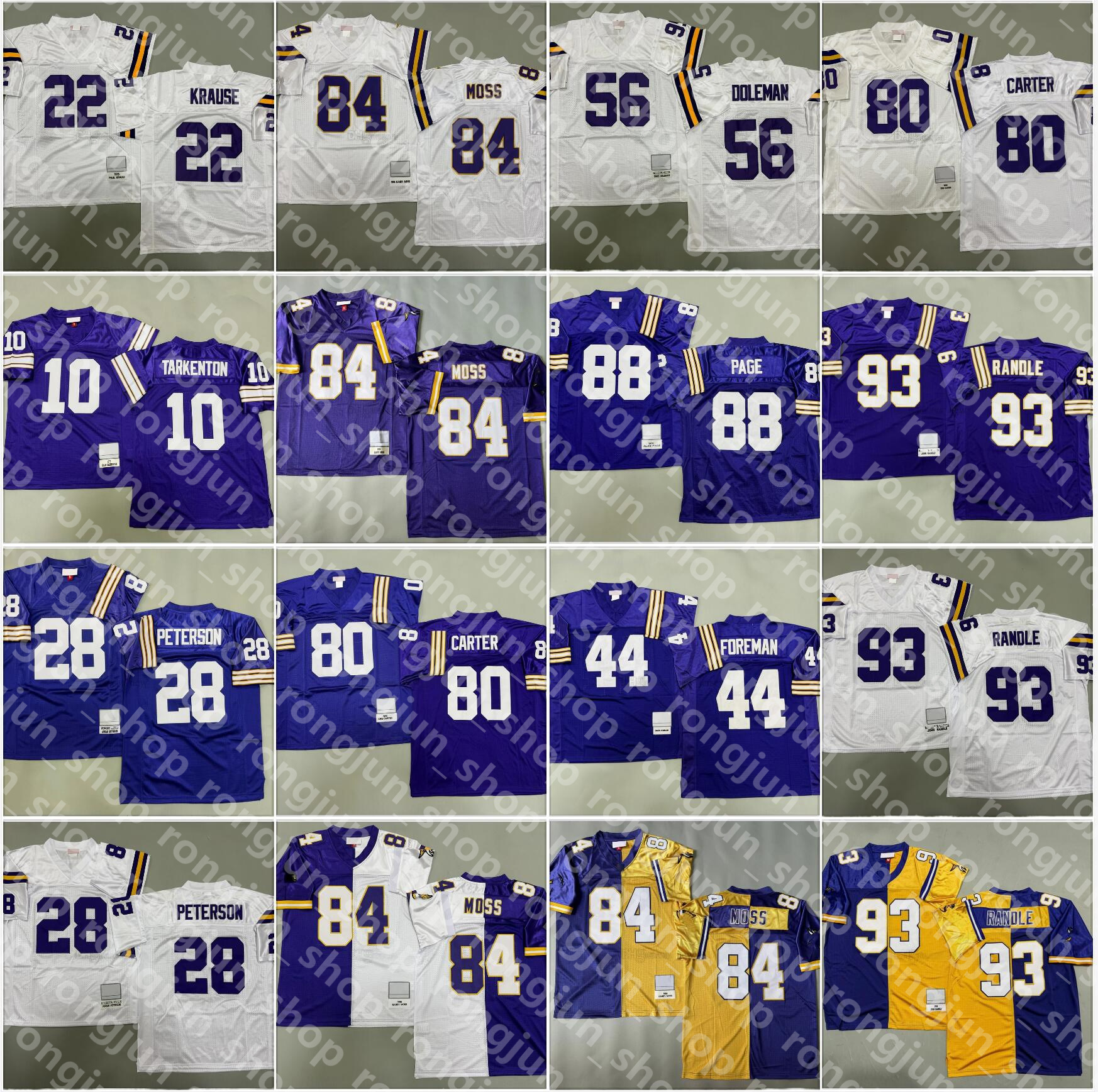 Football 84 Randy Moss Jerseys 10 Fran Tarkenton 22 Paul Krause 28 Adrian Peterson 44 Chuck Foreman 56 Chris Doleman 80 Cris Carter 88 Alan Page 93 John Randle Stitched