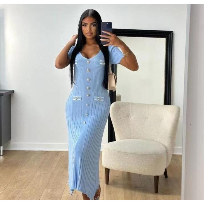 Luxury Brand Designer Clothes French Single-Breasted Knitted Dress V-Neck Slim Fit Elegant Sweater Dress European And American Women's Fashion Women's Dress