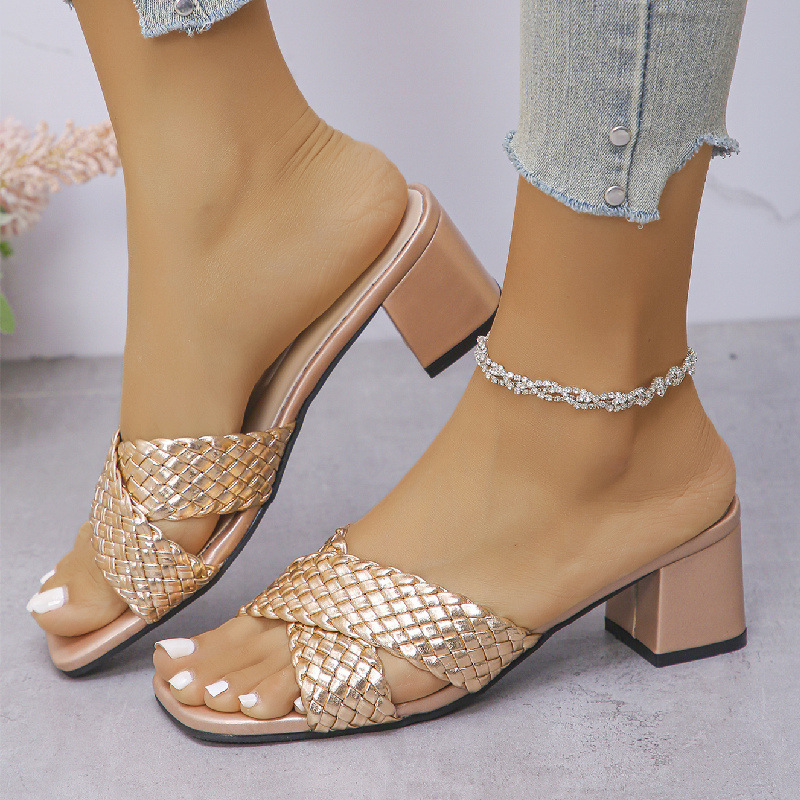 2026 new cross woven high-heeled square toe slippers for women plus size thick heel fashionable casual sandals