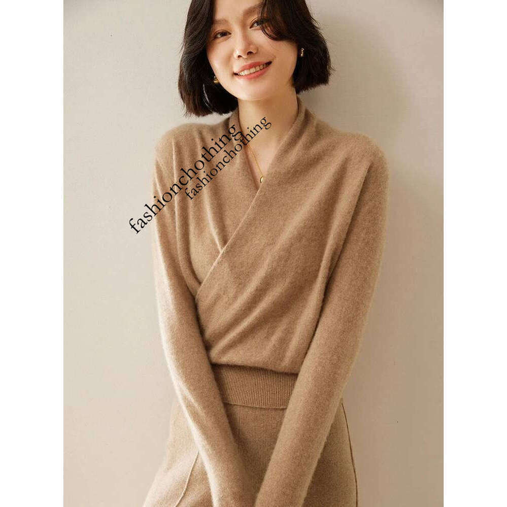 Zhehan Women's 100% Sweater Crossover Collar Pullover Office Lady Basic Grace Cashmere Knitwear Autumn Winter Tops
