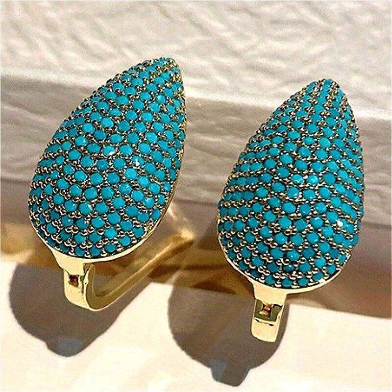 Fashion Synthetic Turquoise Inlaid Teardrop Shape Golden Plated Stud Earrings Women's Elegant Banquet Jewelry Accessories Crafts