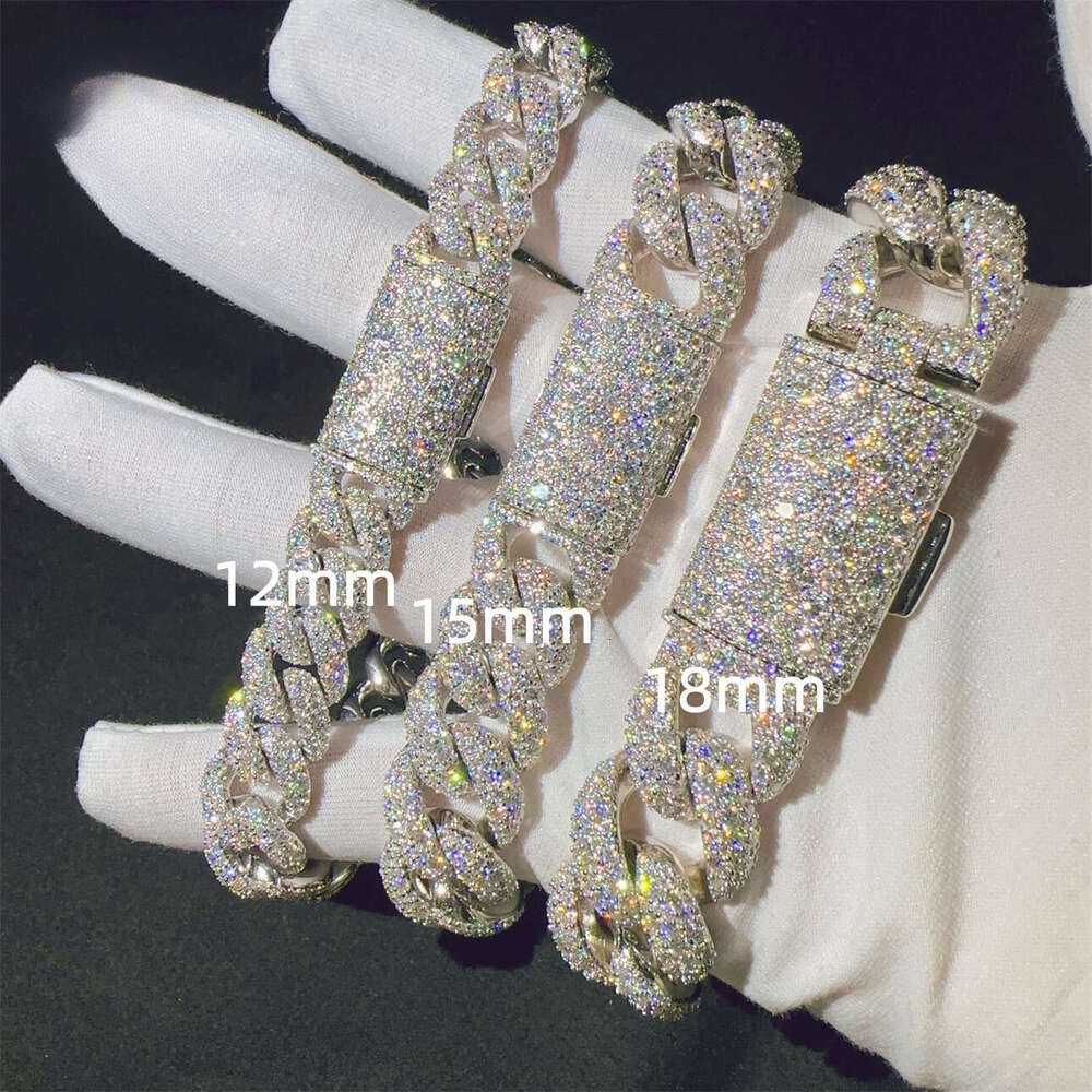 Mosaic Inlay 12 15 18 mm Sterling Silver 925 VVS Hip Hop Cuban Chain Moissanite Bracelet