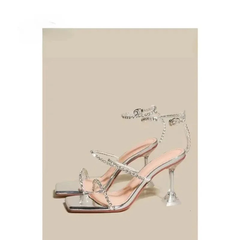2025 Summer New Sandals Womens Sexy Fashion High Heels Water Diamond Transparent Thin Heel Sandals Fashion Womens Shoes 260114