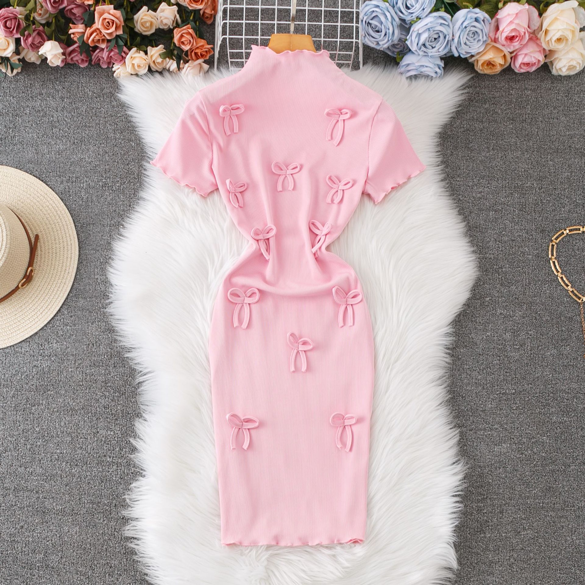 Luxury Brand Designer Clothes High Elasticity Comfortable Korean Style Bow Short Sleeve Dress 2025 Summer Versatile Slim Fit Little Style Bodycon Wome