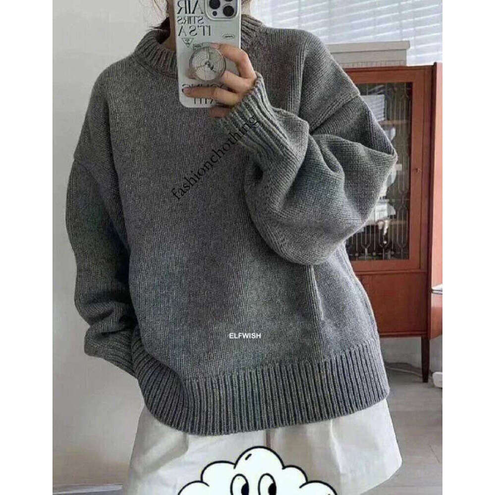 Zhehan Woman Fashion Wool Cashmere Thick Knitted Sweater Oversized Drop Shoulder LONG Sleeved Jumper Round Neck Pullovers
