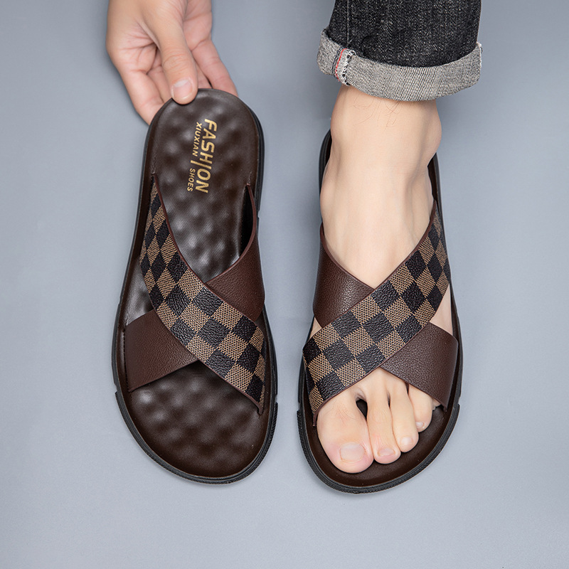 2026 Summer New Soft Cross Grid Flat Slippers Outdoor Indoor Casual Fashion Beach Sandals For Men