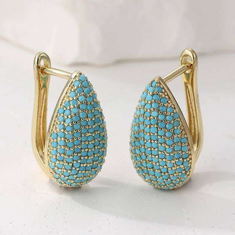 Fashion Synthetic Turquoise Inlaid Teardrop Shape Golden Plated Stud Earrings Women's Elegant Banquet Jewelry Accessories Crafts