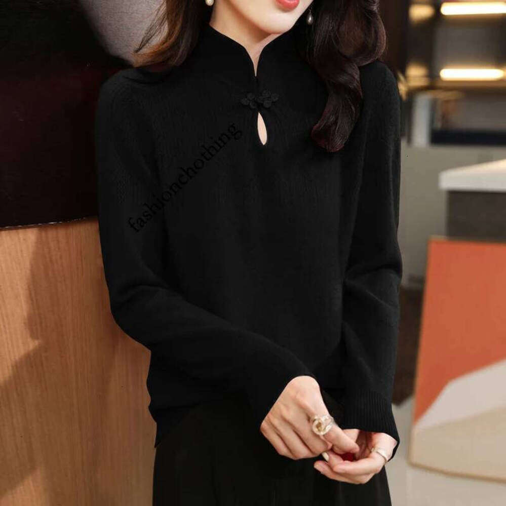 Zhehan Women 100% Merino Wool Sweater Autumn Winter Stand-Up Collar Warm Pullover Chinese Style Buckle Cashmere Knitwear Bottoming Tops
