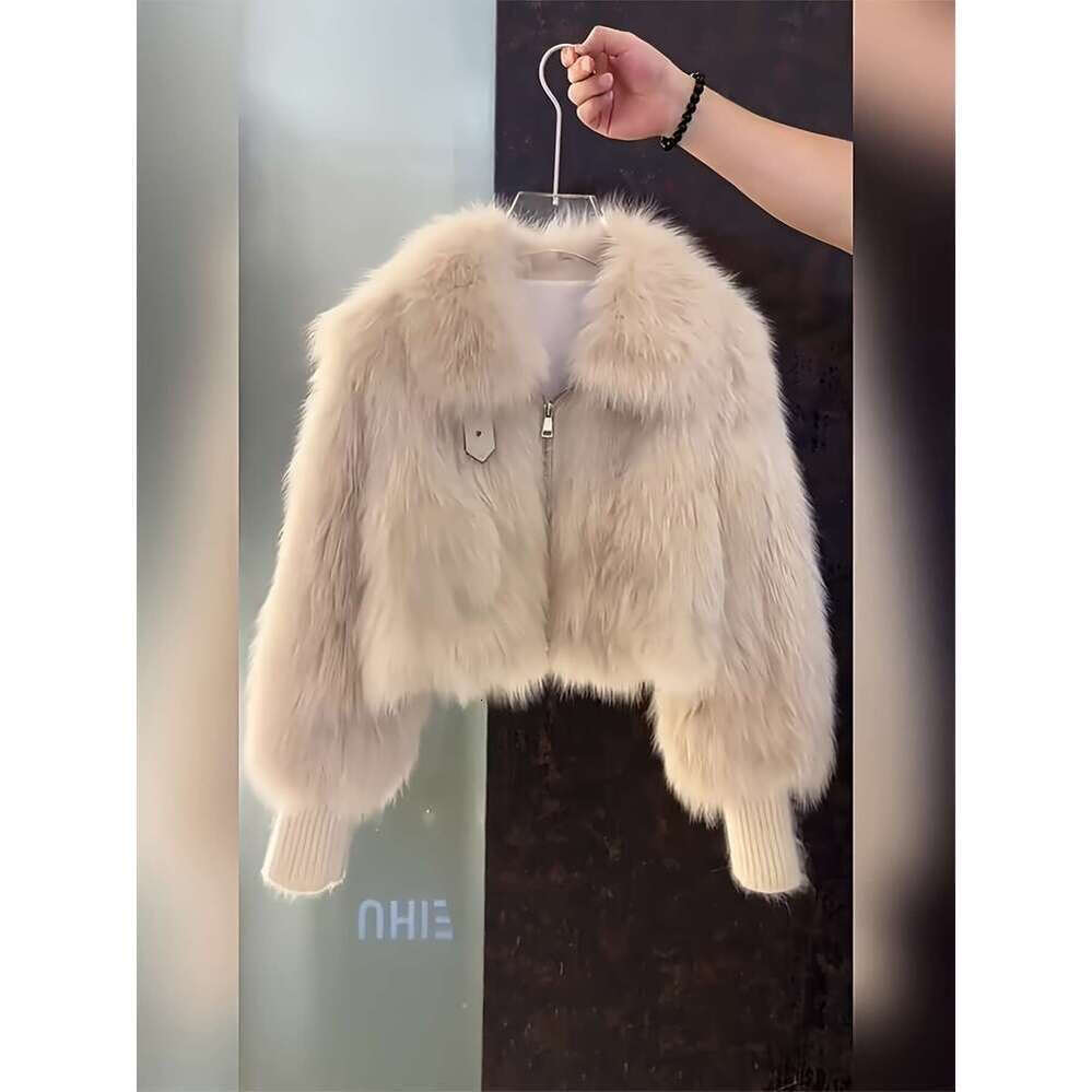 Zhehan Faux With Hooded Collar Loose H-Shaped Silhouette, Single-Breasted Closure, White/Cream Beige Fur Suitable For Casual Formal Occasions Hand Was