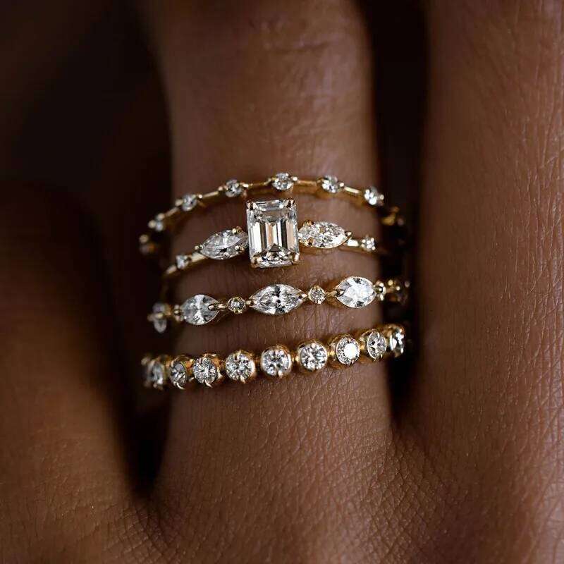 4pcs/setArt Deco Bridal Set Cushion Cut Halo Engagement Mixed Eternity Band Layering Ring