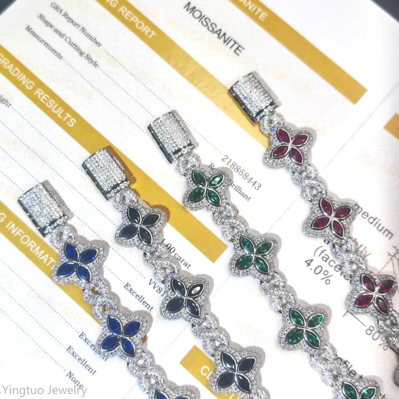 Luxury Hip Hop Jewelry Colorful Moissanite Iced Out S925 Silver Cuban Clover Bracelet - view 5