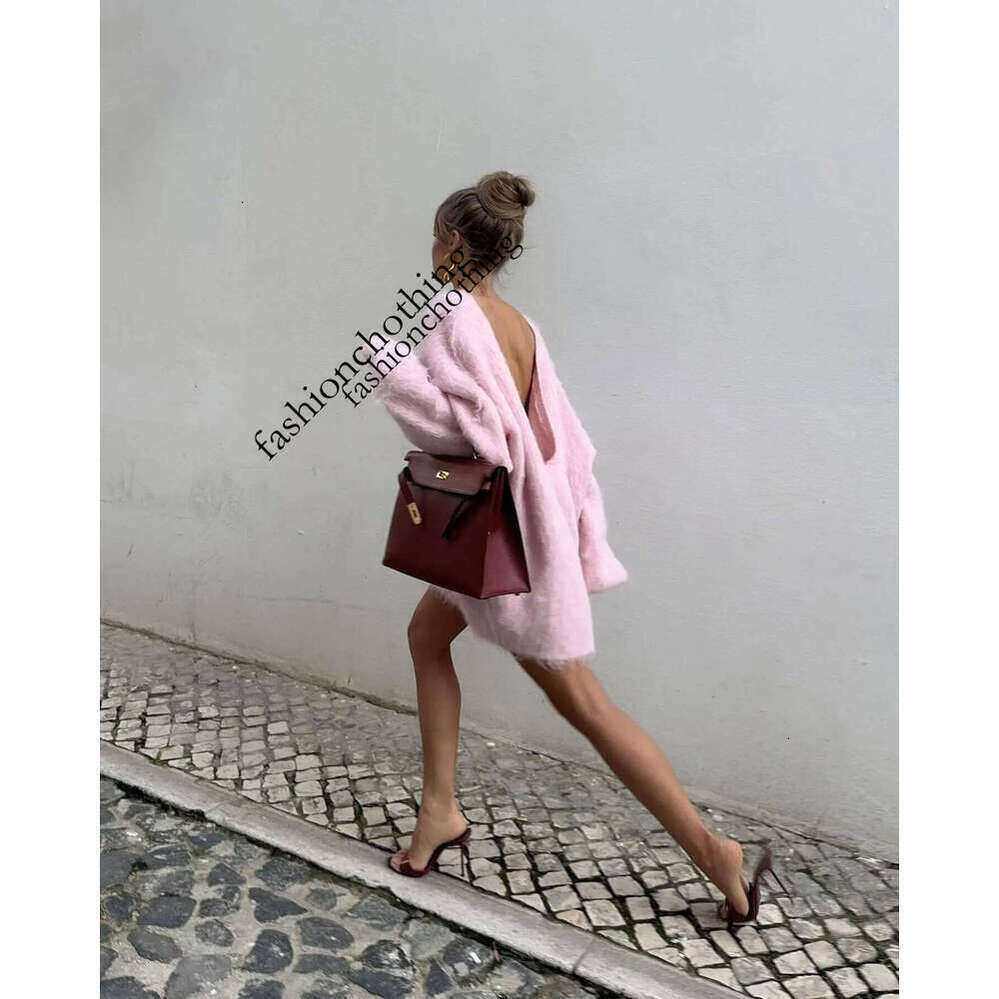 Zhehan New Female Street Pullover Women Sexy Mohair Pink Backless Sweater Elegant O-Neck Long Lantern Sleeves Loose Knitwear
