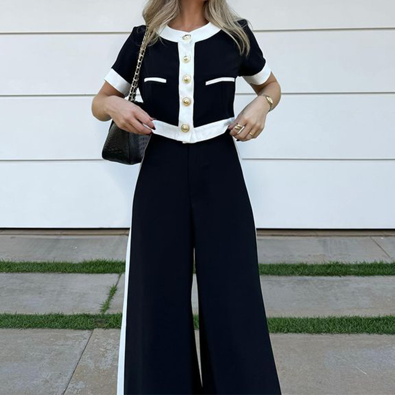 Designer Women's 2026 New Fashion Set Commuter Short Sleeve Straight Pants Two Piece Set Color Blocked Black And White High Quality Clothing
