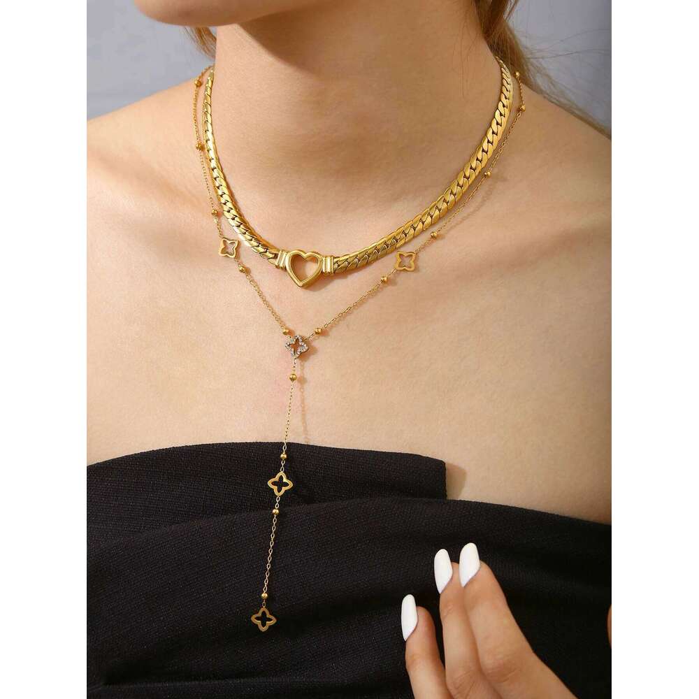 Jewellery Necklace Luxury Stainless Steel Four-Leaf Clover Diamond-Studded Y-Chain Hollow Heart Collar for Party and Anniversary Gift High Quality Tex