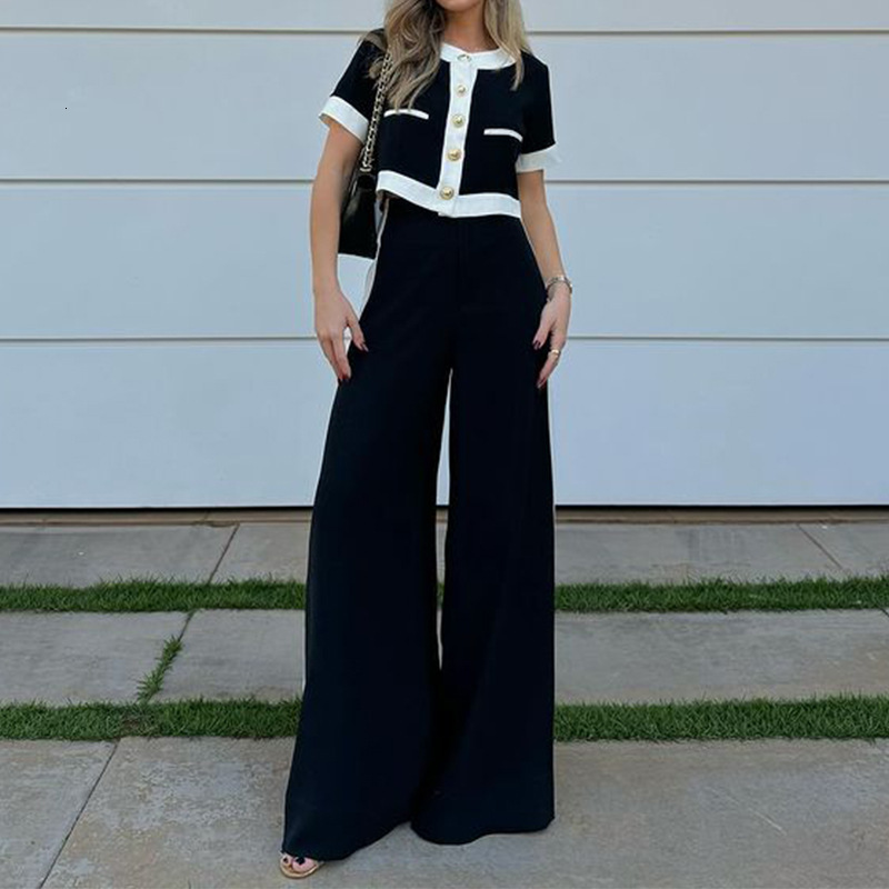 Designer Women's 2026 New Fashion Set Commuter Short Sleeve Straight Pants Two Piece Set Color Blocked Black And White High Quality Clothing