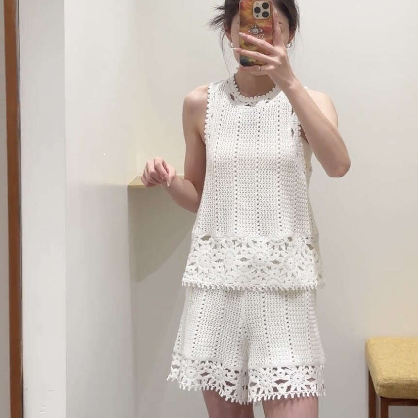 French Elegant 2026 Spring Summer New Crochet Sunflower Hollow Sleeveless Knitted Top + Shorts Set for Women