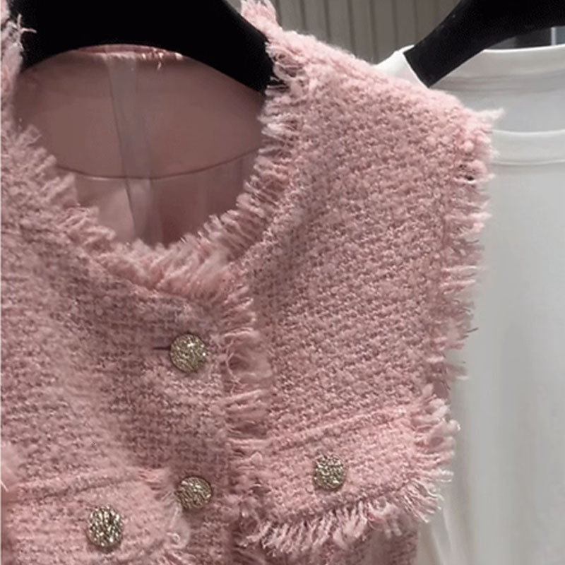 Vintage Tweed Vest Slim Crop Tops Autumn Fashion Feminino tweed Vest French Waistcoat Ruffled Blouse 240823