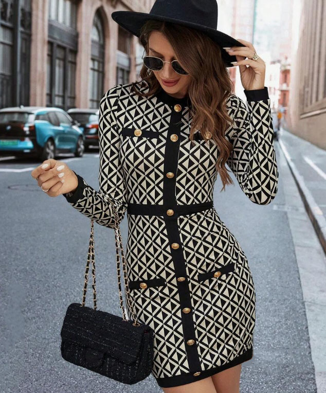 Luxury Brand Designer Clothes 2024 Women's Fashion Autumn Winter New Style Long Sleeve Knitted Dress Elegant