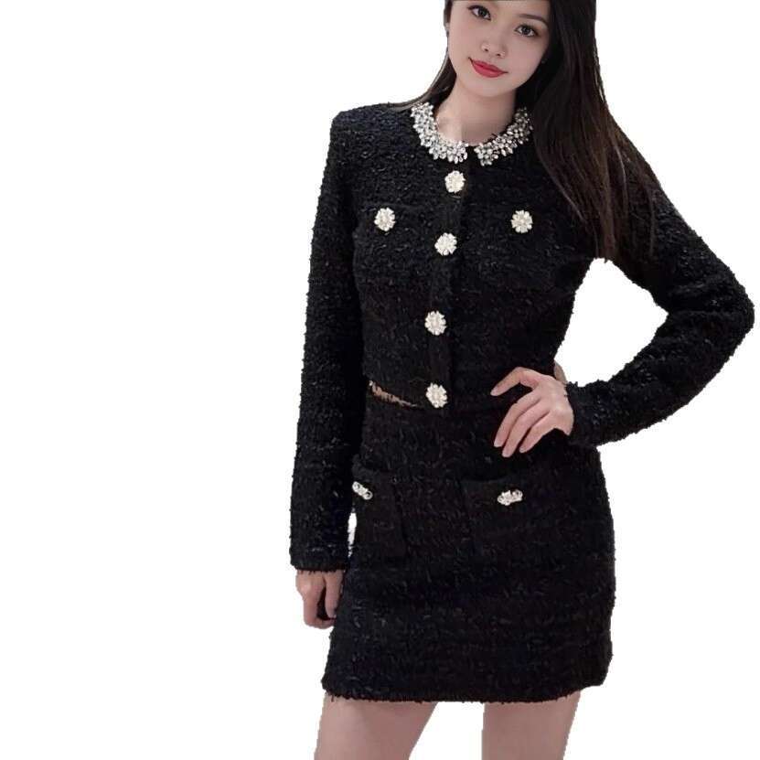 French Niche 26 Autumn Winter New Thousand Gold Style Diamond-Studded Round Neck Knitted Cardigan Jacket + High Waist Skirt Set