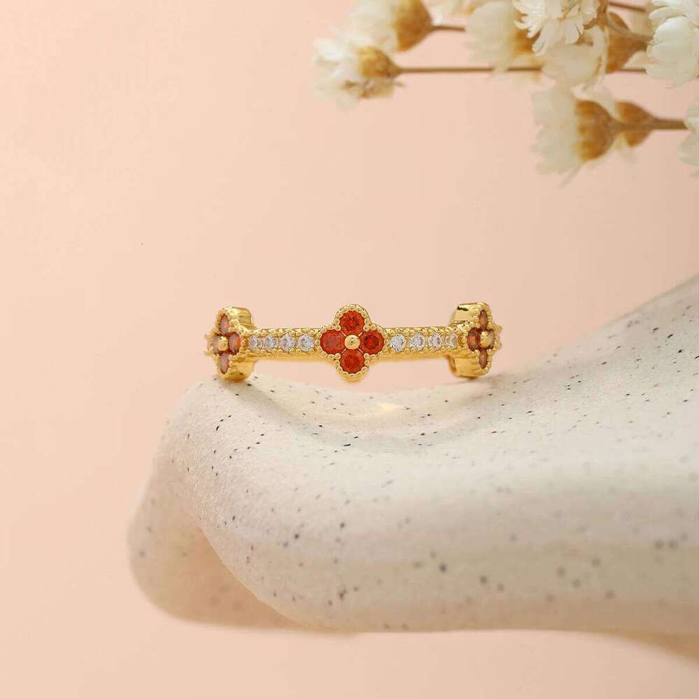 Jewellery Ring Gold Plated Cubic Zirconia Four Leaf Clover Eternity Adjustable Vintage Stacking Band for Anniversary Special Occasion Gift High Qualit