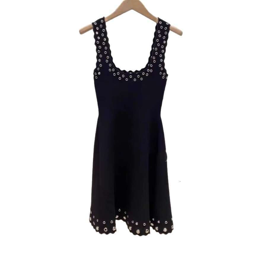 French Elegance 2026 Summer New Style Temperament Wave Edge Hollow Rivet Tank Dress + Short Sleeve Knitted Cardigan Top