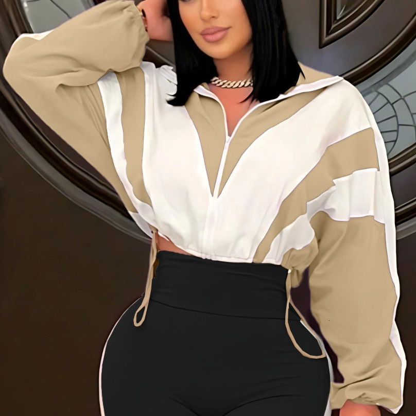 Without Pants Womens Color Block Short Jacket with Zipper and Drawstring Comfortable Elastic Jacket 240810