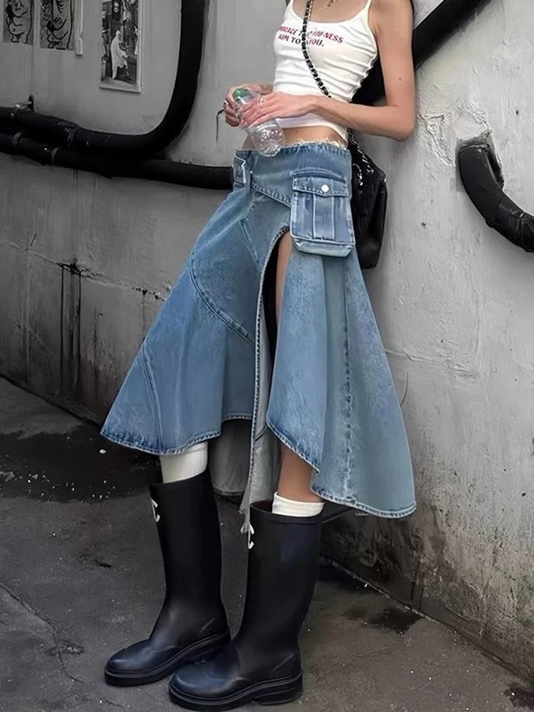 Irregular denim skiing summer personalized high waisted loose fitting streetwear mid length Midi skiing Y2k layered hem clothing 250430